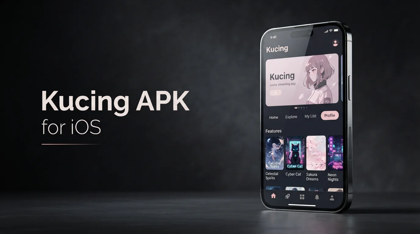 Kucing APK for iOS shown on a smartphone with an anime streaming interface